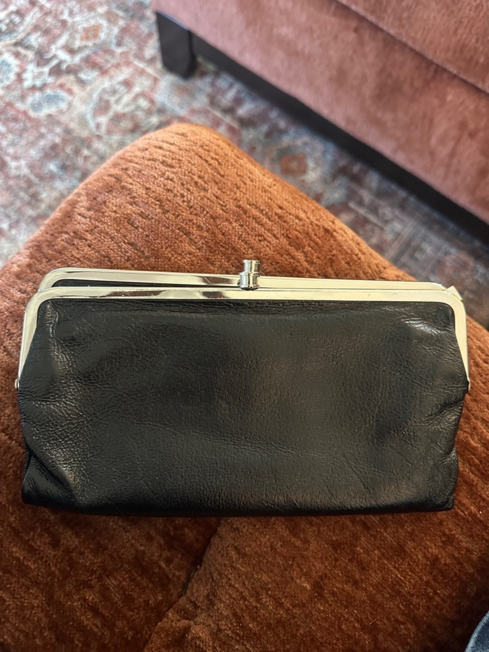 Hobo Lauren Classic Black Leather Clutch Wallet with Silver Frame